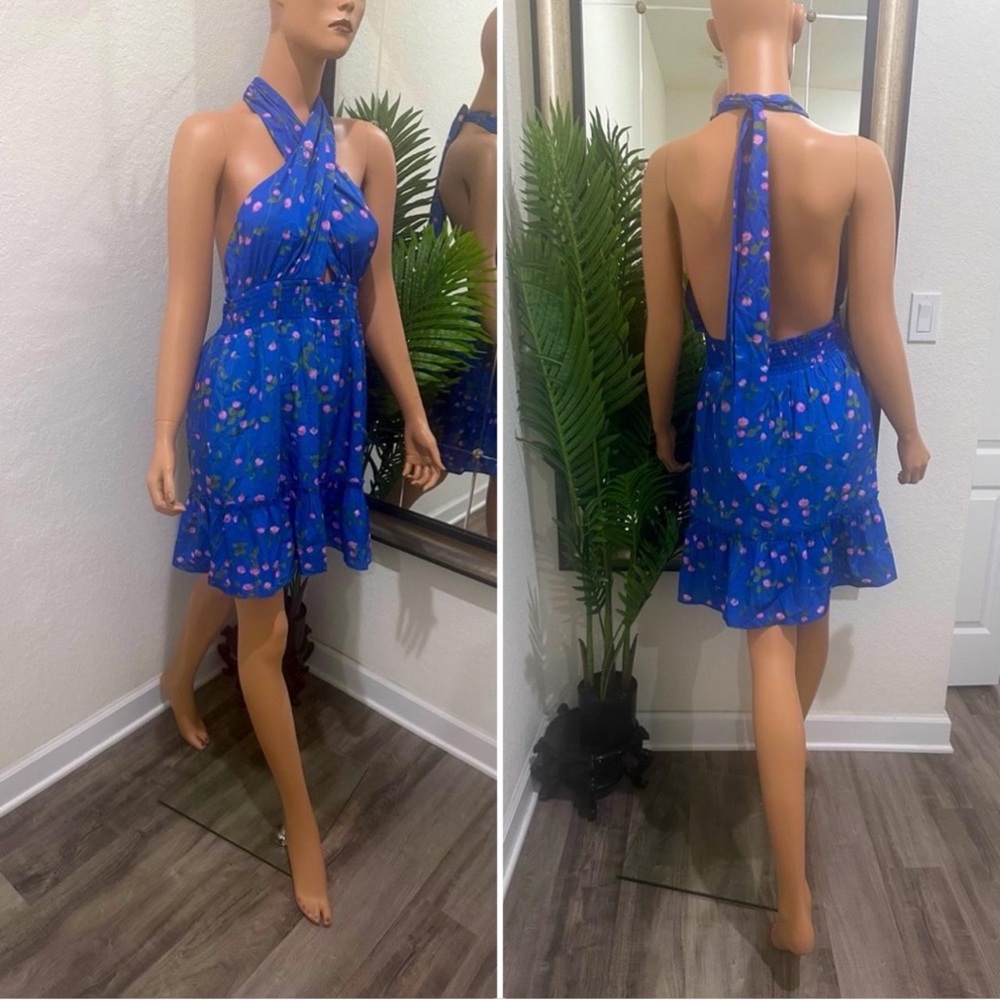 CELINA MOON Blue Backless Halter Sundress M
